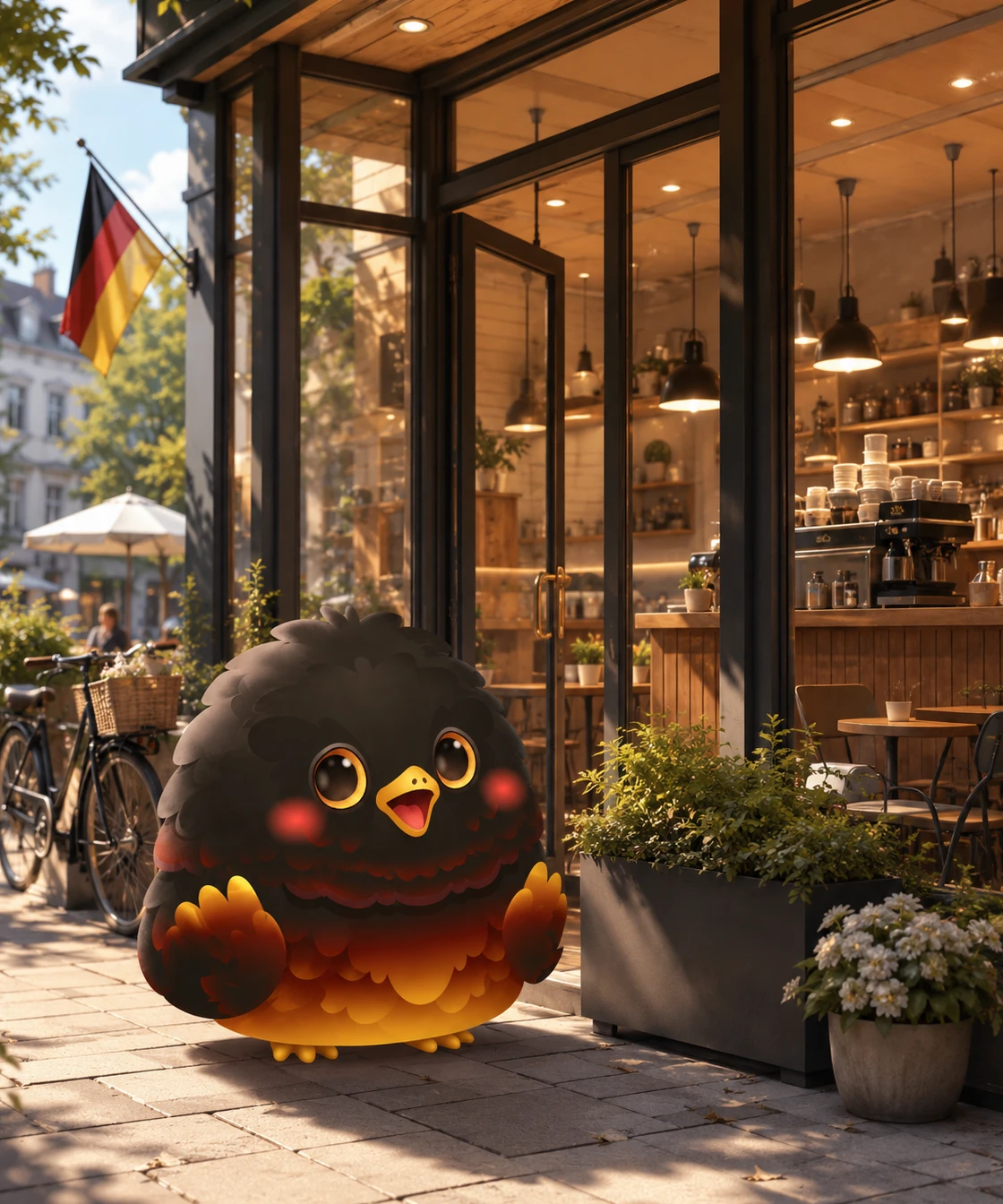 Deutschi outside a cafe